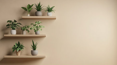 3D-rendered plant mockup for product presentations. Floating shelves with various green plants in a modern, minimalist studio with a beige backdropの素材