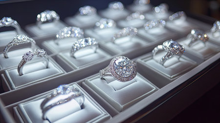 A ring box filled with multiple diamond rings in various settings, each sparkling under bright lighting in a luxurious display.の素材