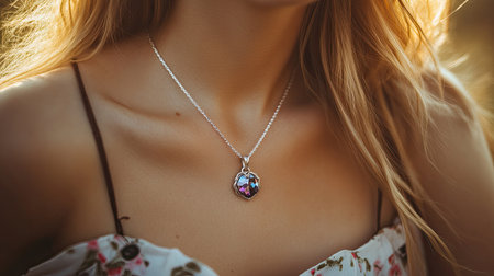 A silver necklace with beautiful amethyst and aquamarine gemstones rests on a womanaes collarbone, the stones radiating soft light against a neutral backdrop.の素材