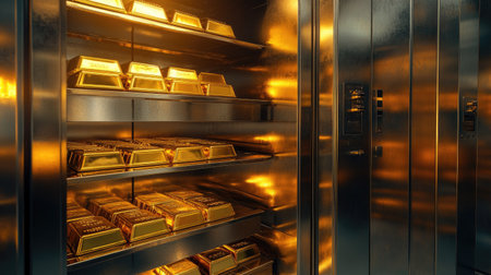 A polished stack of gold bars arranged in a secure bank vault. The sleek steel interior and heavy doors emphasize security and wealth.の素材