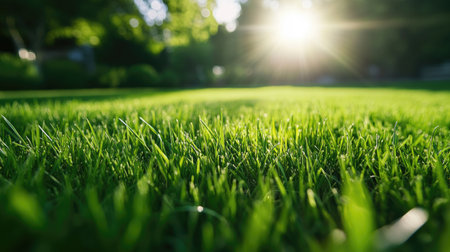 Close-up of fresh, green grass blades on a sunny day. The lawn is perfectly mowed, creating a serene, natural background for park or garden scenes.の素材