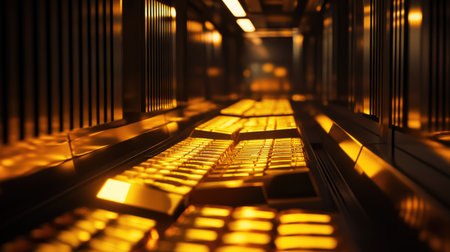 An angled view of gold bars arranged in rows inside a luxurious, high-tech bank vault, softly lit to emphasize their luster.の素材
