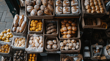 An overhead view of a Paris market stall filled with baskets of authentic French bread, surrounded by other delicious local products.の素材