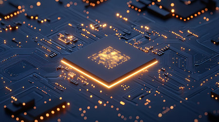 Close-up of a glowing AI chip embedded on a sleek light circuit board. Blue technology background emphasizes the power of modern processors and semiconductors.の素材