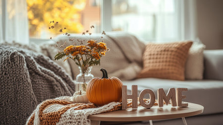 Autumn home decor scene featuring a blanket, pumpkins, flowers, and the word 'home' on a coffee table, radiating warmth and comfort in a cozy living space.の素材