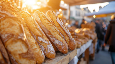 Close-up of golden, crusty French baguettes stacked in a traditional Parisian bakery stall at an outdoor market, with warm sunlight shining through.の素材