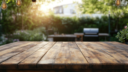 A rustic wooden table with a blurred BBQ grill and patio space in the background. Ideal for emphasizing outdoor dining and summertime cookouts.の素材