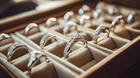 A row of diamond rings in a custom-made box, each reflecting soft light, with their luxurious designs on full display.の素材