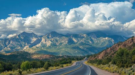 A highway running along the base of a mountain range, with dramatic cloud formations gathering over the peaks.の素材