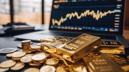 A table covered in gold bars, cash, and coins with a stock market graph on a laptop in the background, symbolizing financial growth.の素材