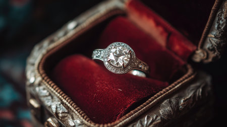 A classic diamond ring in a vintage-style jewelry box, with detailed carvings on the box and a radiant stone shining from inside.の素材