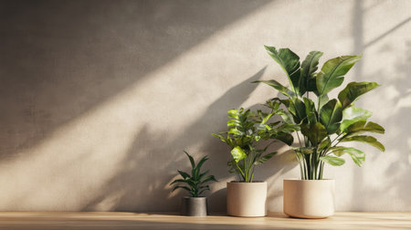 Elegant 3D mockup of potted plants in a studio setting. Wooden surfaces and light textures for product display. Soft shadows create a serene environmentの素材