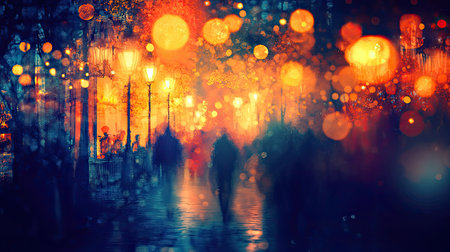 Eerie Halloween illustration featuring a blurred haunted scene, bokeh lights, and spooky figures. Great for posters, banners, or greeting cards for Halloween events.の素材