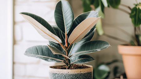 Ficus elastica rubber plant in a decorative pot, serving as both an air purifier and a stylish addition to any room's decor. Perfect for plant lovers.の素材