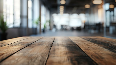 Empty wooden board table in sharp focus with an abstract blurred empty office space in the background, perfect for business or corporate visuals.の素材