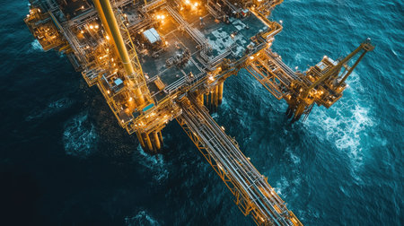 Helicopter view of a central production platform in Indonesia, showcasing the vast scale and complexity of offshore oil productionの素材