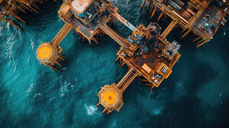 Helicopter view of a central production platform in Indonesia, showcasing the vast scale and complexity of offshore oil productionの素材