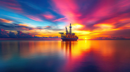 High-angle shot of an offshore drilling rig, silhouetted against a colorful sunset, with reflections shimmering on the waterの素材