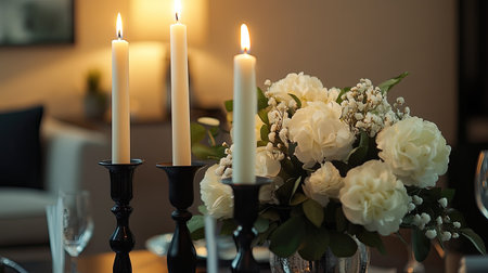 High candlesticks with glowing candles and a beautifully crafted artificial bouquet, creating a harmonious and elegant display.の素材