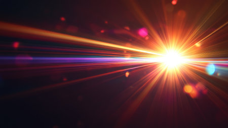 High-intensity lens flare effect on a black background, featuring bright, colorful light streaks and a soft halo, ideal for creating a dramatic visual impactの素材