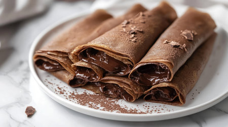High-angle view of a stack of rolled chocolate crepes on a white plate, placed on a marble table, with selective focus highlighting the rich dessertの素材
