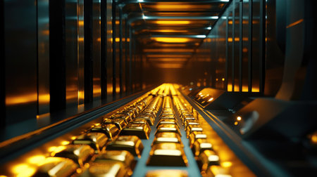 High-resolution image of gold bars lined up in a vault, the polished surfaces glowing under the light, creating a luxurious and secure sceneの素材