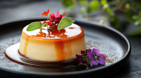 Homemade crame caramel with a rich caramel topping, set on a dark plate with a small garnish of edible flowers for a pop of colorの素材