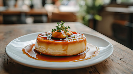 Homemade flan topped with caramel sauce, presented on a white plate with a rustic background. A perfect shot for traditional dessert themesの素材