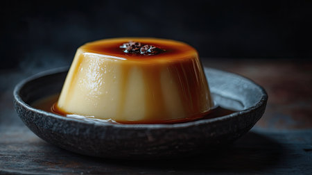 Homemade crame caramel dessert with a smooth texture and a glossy caramel sauce, set against a dark, moody backgroundの素材