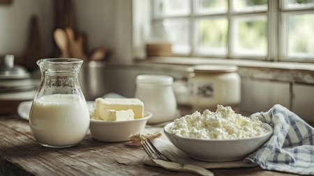 Homemade dairy products, including milk, cottage cheese, and butter, set on a rustic kitchen counter with natural lighting, ideal for promoting healthy eatingの素材