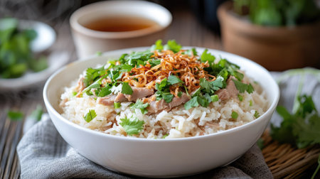 Homemade boiled rice with pork in a white bowl, topped with fresh green herbs and fried shallots, with a cup of hot tea in the background on a wooden tableの素材