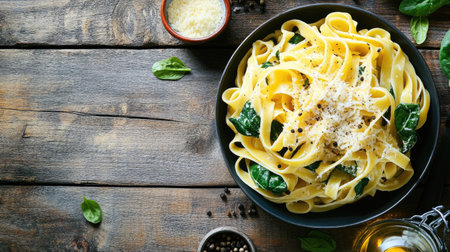 Homemade vegetarian tagliatelle pasta with fresh spinach and Parmesan, garnished with black pepper, on a rustic wooden table.の素材