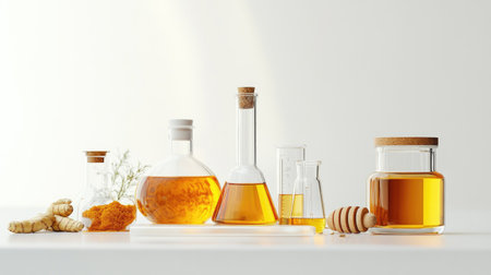 Honey and turmeric neatly arranged with lab equipment on a transparent podium, placed in a white lab setting, ideal for scientific and experimental advertising themes.の素材