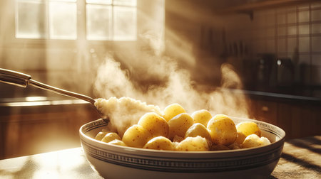 A bowl of boiled potatoes, with a masher hovering above, steam rising and soft natural light illuminating the scene, warm, homey kitchen environmentの素材