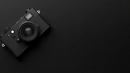 3D illustration of a digital camera seen from above, set against a black background, with clean space for text or branding, minimalist and high-tech vibeの素材
