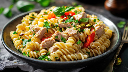 A beautifully presented pasta salad with tuna, roasted peppers, and pistachios, served warm and garnished with fresh herbs for a gourmet look.の素材