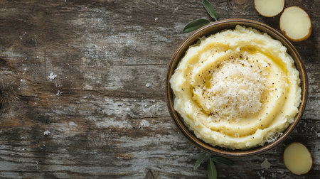 A bowl of mashed potatoes garnished with parmesan cheese, shot from above on a weathered wooden surface. The space around the bowl is left empty for copy spaceの素材