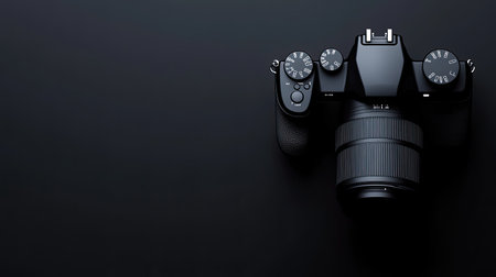 3D illustration of a digital camera seen from above, set against a black background, with clean space for text or branding, minimalist and high-tech vibeの素材