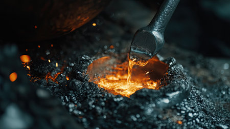 A close-up of silver casting in a jewelry workshop, with molten silver being poured into a mold for a new custom pieceの素材