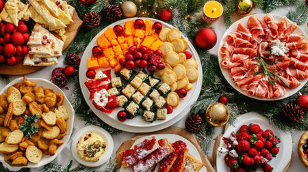 A colorful assortment of Christmas appetizers on a festively decorated table, perfect for a holiday party with seasonal decorations and holiday-themed treats.の素材