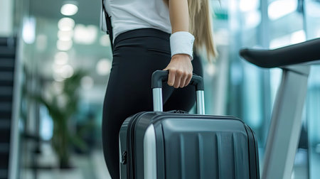 A businesswoman with a trolley on a treadmill, close-up of her hand on the suitcase, representing the concept of continuous professional growth and mobility.の素材