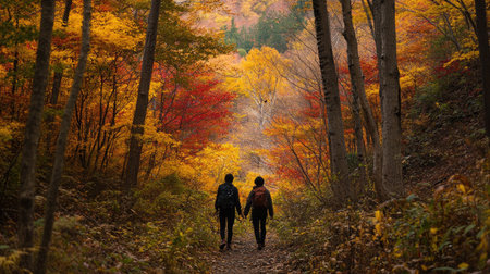 A couple hiking through the scenic autumn woods near Tsuta Onsen, surrounded by the rich colors of fall in Aomori, Japan.の素材
