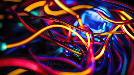 A tangle of colored wires connected to an electronic circuit board, dramatically lit against a black background, highlighting precision technology.の素材
