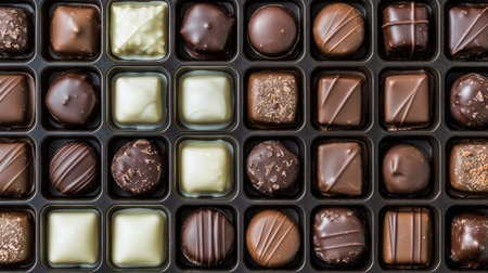 A selection of premium chocolates in a sleek gift box, perfect for celebrations. Dark, milk, and white chocolates arranged neatly in rows.の素材