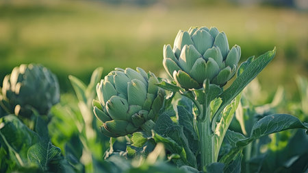 Artichoke plant with fully grown bulbs in a German slow food farm, showcasing sustainable and eco-friendly farming practices. Bright, fresh, and healthy produce.の素材