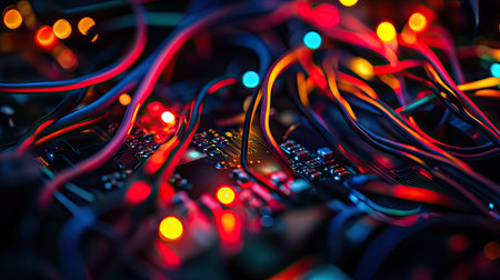 A tangle of colored wires connected to an electronic circuit board, dramatically lit against a black background, highlighting precision technology.の素材