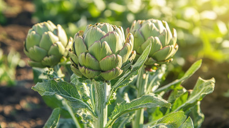 Artichoke plant with fully grown bulbs in a German slow food farm, showcasing sustainable and eco-friendly farming practices. Bright, fresh, and healthy produce.の素材