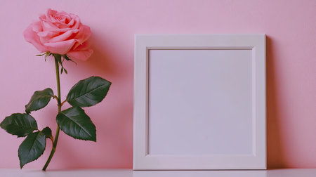 Blank white frame on a table next to a vibrant pink rose. A beautifully minimalist setting perfect for creative projects or design mockups.の素材