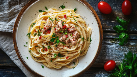 Appetizing plate of spicy tuna pasta garnished with fresh herbs and chili, placed on a rustic table, ready for a cozy meal setting.の素材