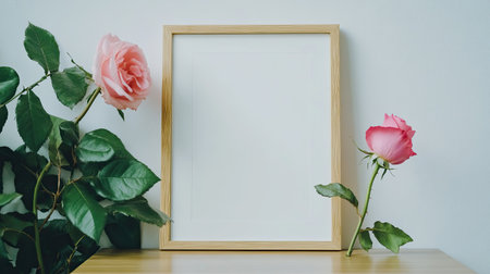 Blank frame poster and a single pink rose resting on a table. A simple yet stylish scene, great for displaying mockups or home decor inspirations.の素材